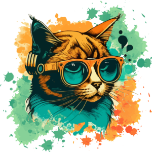 Retro Cat with Blue Glasses_orange green spatter